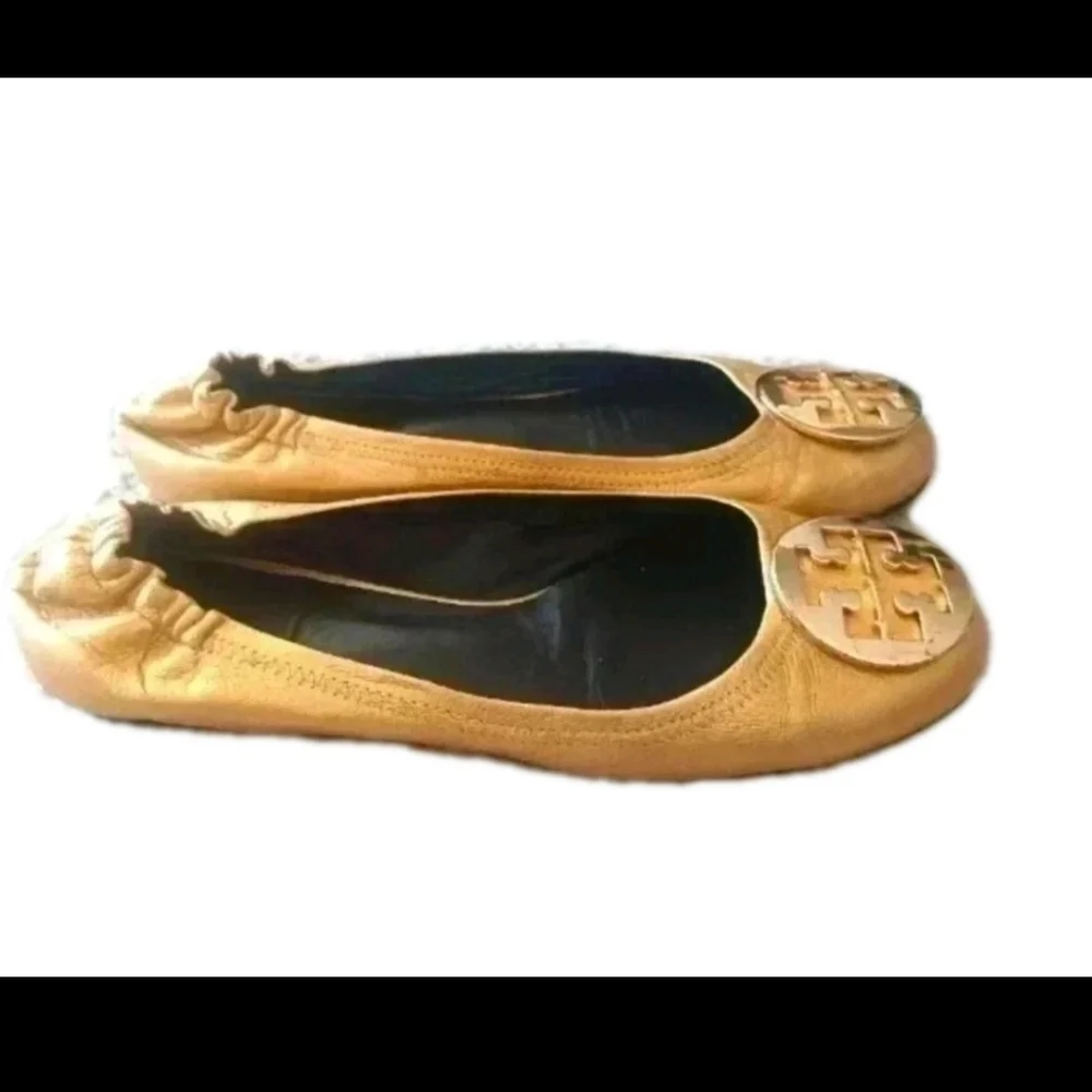 Tory Burch Womens Reva Metallic Gold Leather Ballerina RARE Statement Flats 9.5